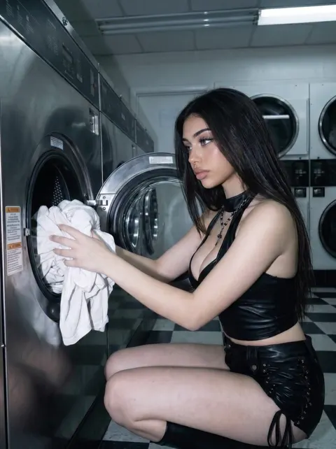Eliza loading a washing machine in leather