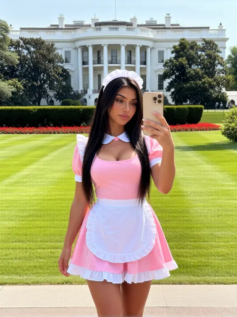Eliza in a pink maid dress on the White House lawn